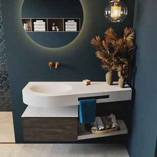MONDIAZ RIVA 120cm badmeubel onderkast / planchet kleur Dark_Brown met 1 lade. Wastafel DULCET links 0 kraangaten kleur Talc.