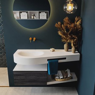 MONDIAZ RIVA 120cm badmeubel onderkast / planchet kleur Antracite met 1 lade. Wastafel DULCET links 0 kraangaten kleur Talc.