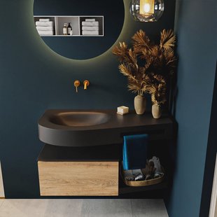 MONDIAZ RIVA 100cm badmeubel onderkast / planchet kleur Washed_Oak met 1 lade. Wastafel DULCET links 0 kraangaten kleur Urban.