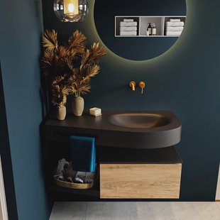 MONDIAZ RIVA 100cm badmeubel onderkast / planchet kleur Washed_Oak met 1 lade. Wastafel DULCET rechts 0 kraangaten kleur Urban.