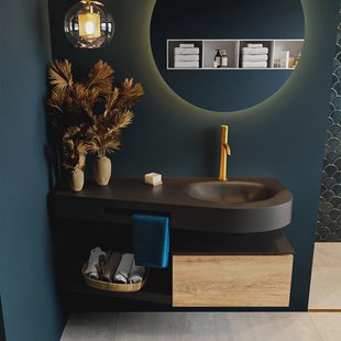 MONDIAZ RIVA 120cm badmeubel onderkast / planchet kleur Washed_Oak met 1 lade. Wastafel DULCET rechts 1 kraangat kleur Urban.
