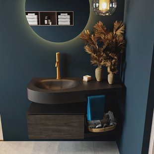 MONDIAZ RIVA 100cm badmeubel onderkast / planchet kleur Dark_Brown met 1 lade. Wastafel DULCET links 1 kraangat kleur Urban.