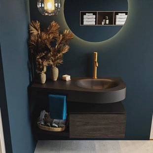 MONDIAZ RIVA 100cm badmeubel onderkast / planchet kleur Dark_Brown met 1 lade. Wastafel DULCET rechts 1 kraangat kleur Urban.