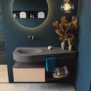 MONDIAZ RIVA 120cm badmeubel onderkast / planchet kleur Rosee met 1 lade. Wastafel DULCET links 0 kraangaten kleur Dark_Grey.