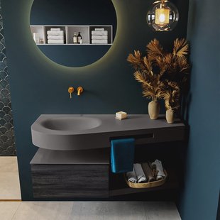 MONDIAZ RIVA 120cm badmeubel onderkast / planchet kleur Antracite met 1 lade. Wastafel DULCET links 0 kraangaten kleur Dark_Grey.