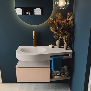 MONDIAZ RIVA 100cm badmeubel onderkast / planchet kleur Rosee met 1 lade. Wastafel DULCET links 1 kraangat kleur Linen.