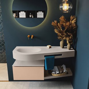 MONDIAZ RIVA 120cm badmeubel onderkast / planchet kleur Rosee met 1 lade. Wastafel DULCET links 0 kraangaten kleur Linen.