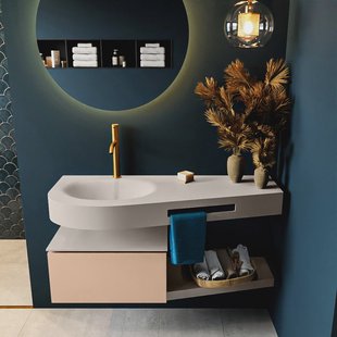 MONDIAZ RIVA 120cm badmeubel onderkast / planchet kleur Rosee met 1 lade. Wastafel DULCET links 1 kraangat kleur Linen.