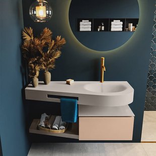 MONDIAZ RIVA 120cm badmeubel onderkast / planchet kleur Rosee met 1 lade. Wastafel DULCET rechts 1 kraangat kleur Linen.