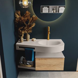 MONDIAZ RIVA 100cm badmeubel onderkast / planchet kleur Washed_Oak met 1 lade. Wastafel DULCET rechts 1 kraangat kleur Linen.