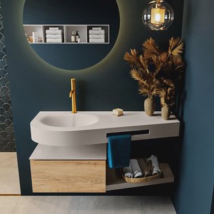 MONDIAZ RIVA 120cm badmeubel onderkast / planchet kleur Washed_Oak met 1 lade. Wastafel DULCET links 1 kraangat kleur Linen.
