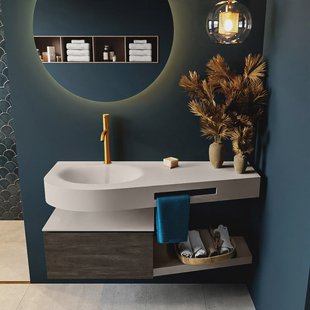 MONDIAZ RIVA 120cm badmeubel onderkast / planchet kleur Dark_Brown met 1 lade. Wastafel DULCET links 1 kraangat kleur Linen.