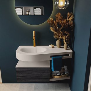 MONDIAZ RIVA 100cm badmeubel onderkast / planchet kleur Antracite met 1 lade. Wastafel DULCET links 1 kraangat kleur Linen.