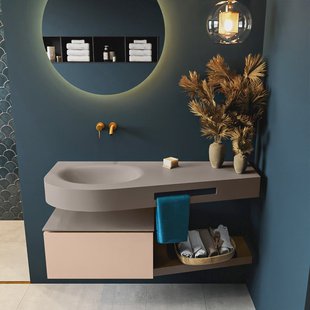 MONDIAZ RIVA 120cm badmeubel onderkast / planchet kleur Rosee met 1 lade. Wastafel DULCET links 0 kraangaten kleur Smoke.