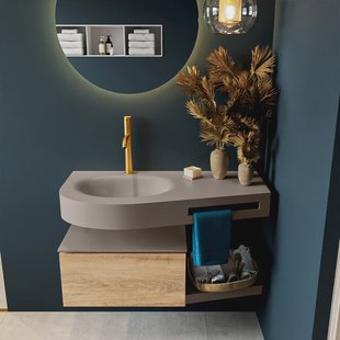 MONDIAZ RIVA 100cm badmeubel onderkast / planchet kleur Washed_Oak met 1 lade. Wastafel DULCET links 1 kraangat kleur Smoke.