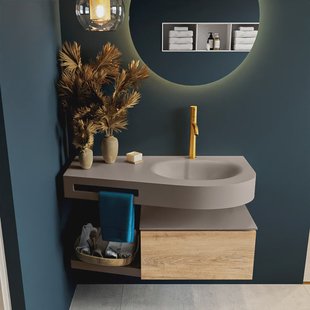 MONDIAZ RIVA 100cm badmeubel onderkast / planchet kleur Washed_Oak met 1 lade. Wastafel DULCET rechts 1 kraangat kleur Smoke.