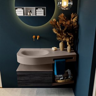 MONDIAZ RIVA 100cm badmeubel onderkast / planchet kleur Antracite met 1 lade. Wastafel DULCET links 0 kraangaten kleur Smoke.