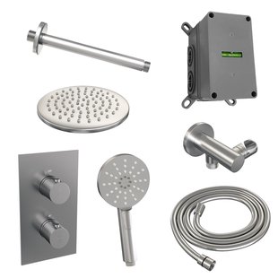 Inbouw Regendouche Set Brauer Brushed Edition Plafond Uitloop Ronde Hoofddouche 20 cm Met Handdouche 3 Standen RVS Look