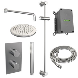 Inbouw Regendouche Set Brauer Brushed Edition Gebogen Wanduitloop Ronde Hoofddouche 20 cm Met Glijstang RVS Look