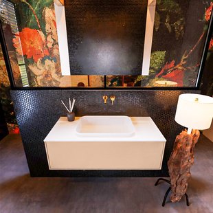 Badkamermeubelset Mondiaz Erin 100 cm met 1 Lade met RIDGE Wastafel Midden Talc Zonder Kraangaten Greeploos Mat Rosee