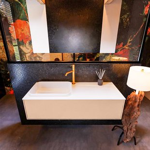 Badkamermeubelset Mondiaz Erin 120 cm met 1 Lade met RIDGE Wastafel Links Talc met 1 kraangat Greeploos Mat Rosee