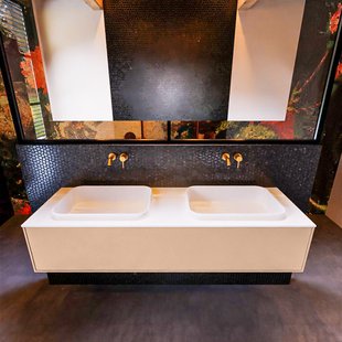 Badkamermeubelset Mondiaz Erin 150 cm met 1 Lade met RIDGE Wastafel Dubbel Talc Zonder Kraangaten Greeploos Mat Rosee