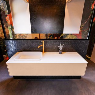 Badkamermeubelset Mondiaz Erin 150 cm met 1 Lade met RIDGE Wastafel Links Talc met 1 kraangat Greeploos Mat Rosee