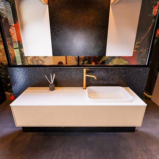 Badkamermeubelset Mondiaz Erin 150 cm met 1 Lade met RIDGE Wastafel Rechts Talc met 1 kraangat Greeploos Mat Rosee