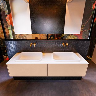 Badkamermeubelset Mondiaz Erin 150 cm met 2 Lades met RIDGE Wastafel Dubbel Talc Zonder Kraangaten Greeploos Mat Rosee