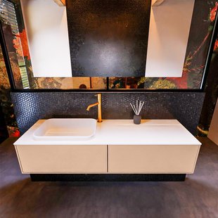 Badkamermeubelset Mondiaz Erin 150 cm met 2 Lades met RIDGE Wastafel Links Talc met 1 kraangat Greeploos Mat Rosee