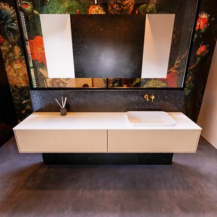 Badkamermeubelset Mondiaz Erin 200 cm met 2 Lades met RIDGE Wastafel Rechts Talc Zonder Kraangaten Greeploos Mat Rosee