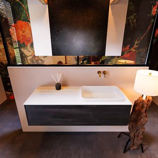 Badkamermeubelset Mondiaz Erin 120 cm met 1 Lade met RIDGE Wastafel Rechts Talc Zonder Kraangaten Greeploos Mat Antracite