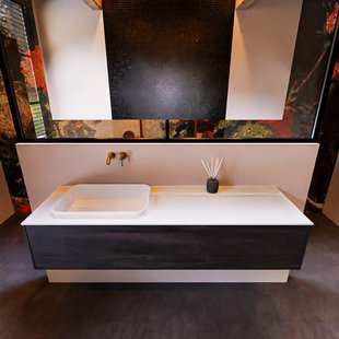 Badkamermeubelset Mondiaz Erin 150 cm met 1 Lade met RIDGE Wastafel Links Talc Zonder Kraangaten Greeploos Mat Antracite