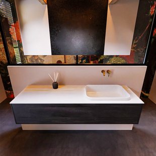 Badkamermeubelset Mondiaz Erin 150 cm met 1 Lade met RIDGE Wastafel Rechts Talc Zonder Kraangaten Greeploos Mat Antracite