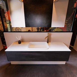 Badkamermeubelset Mondiaz Erin 150 cm met 1 Lade met RIDGE Wastafel Midden Talc met 1 kraangat Greeploos Mat Antracite