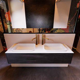 Badkamermeubelset Mondiaz Erin 150 cm met 1 Lade met RIDGE Wastafel Dubbel Talc met 2 kraangaten Greeploos Mat Antracite