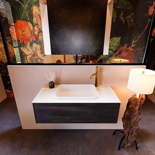 Badkamermeubelset Mondiaz Erin 100 cm met 1 Lade met RIDGE Wastafel Midden Talc met 1 kraangat Greeploos Mat Dark Brown