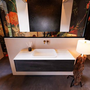 Badkamermeubelset Mondiaz Erin 120 cm met 1 Lade met RIDGE Wastafel Midden Talc Zonder Kraangaten Greeploos Mat Dark Brown