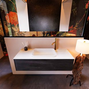 Badkamermeubelset Mondiaz Erin 120 cm met 1 Lade met RIDGE Wastafel Midden Talc met 1 kraangat Greeploos Mat Dark Brown