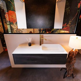 Badkamermeubelset Mondiaz Erin 120 cm met 1 Lade met RIDGE Wastafel Rechts Talc met 1 kraangat Greeploos Mat Dark Brown