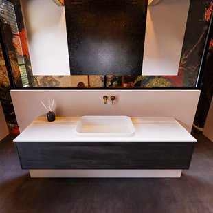 Badkamermeubelset Mondiaz Erin 150 cm met 1 Lade met RIDGE Wastafel Midden Talc Zonder Kraangaten Greeploos Mat Dark Brown