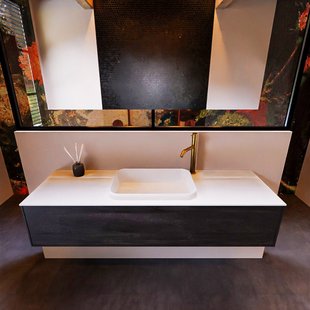 Badkamermeubelset Mondiaz Erin 150 cm met 1 Lade met RIDGE Wastafel Midden Talc met 1 kraangat Greeploos Mat Dark Brown