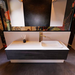 Badkamermeubelset Mondiaz Erin 150 cm met 1 Lade met RIDGE Wastafel Rechts Talc met 1 kraangat Greeploos Mat Dark Brown