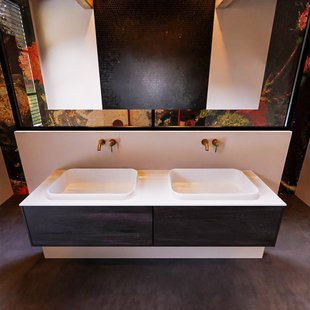 Badkamermeubelset Mondiaz Erin 150 cm met 2 Lades met RIDGE Wastafel Dubbel Talc Zonder Kraangaten Greeploos Mat Dark Brown