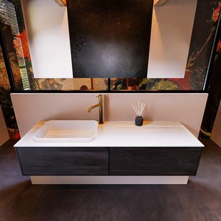 Badkamermeubelset Mondiaz Erin 150 cm met 2 Lades met RIDGE Wastafel Links Talc met 1 kraangat Greeploos Mat Dark Brown