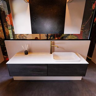 Badkamermeubelset Mondiaz Erin 150 cm met 2 Lades met RIDGE Wastafel Rechts Talc met 1 kraangat Greeploos Mat Dark Brown