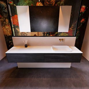 Badkamermeubelset Mondiaz Erin 200 cm met 2 Lades met RIDGE Wastafel Rechts Talc Zonder Kraangaten Greeploos Mat Dark Brown