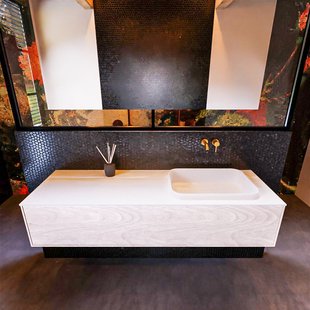 Badkamermeubelset Mondiaz Erin 150 cm met 1 Lade met RIDGE Wastafel Rechts Talc Zonder Kraangaten Greeploos Mat Underlayment