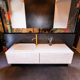 Badkamermeubelset Mondiaz Erin 150 cm met 2 Lades met RIDGE Wastafel Links Talc met 1 kraangat Greeploos Mat Underlayment