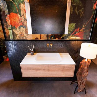 Badkamermeubelset Mondiaz Erin 100 cm met 1 Lade met RIDGE Wastafel Midden Talc Zonder Kraangaten Greeploos Mat Washed Oak